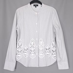 Theory Women’s Shirt M Weylend Eb Ashland Stripe Embroidered White GRAY Cotton‎